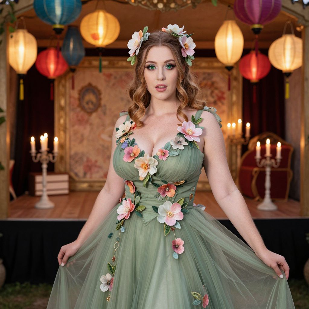 Elegant Woman in Floral Green Gown with Vintage Lantern Background