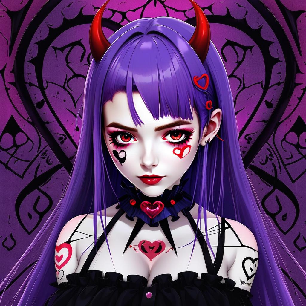 Anime Girl with Purple Hair and Red Devil Horns in Gothic Style