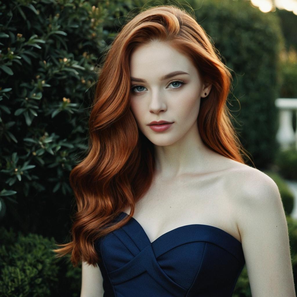 Elegant Redhead Woman in Navy Blue Dress Outdoors Portrait