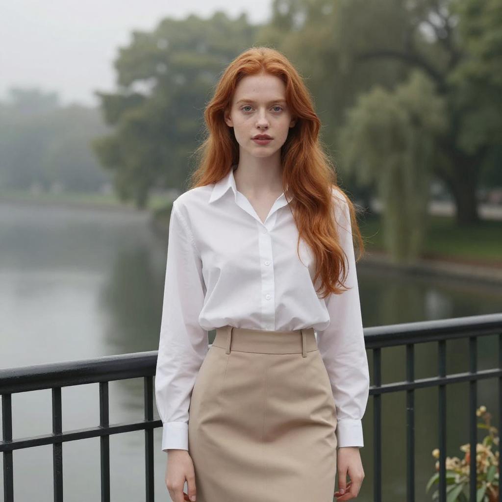Portrait of Red-Haired Woman by Lakeside in Classic White Shirt and Beige Skirt