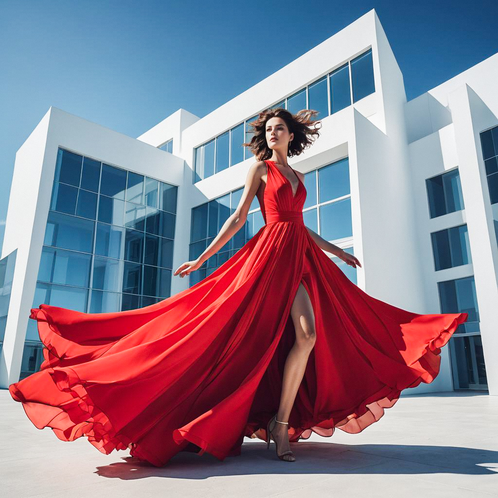 Woman in Red Dress Outdoors with Modern Building Woman in Red Dress Outdoors with Modern Building