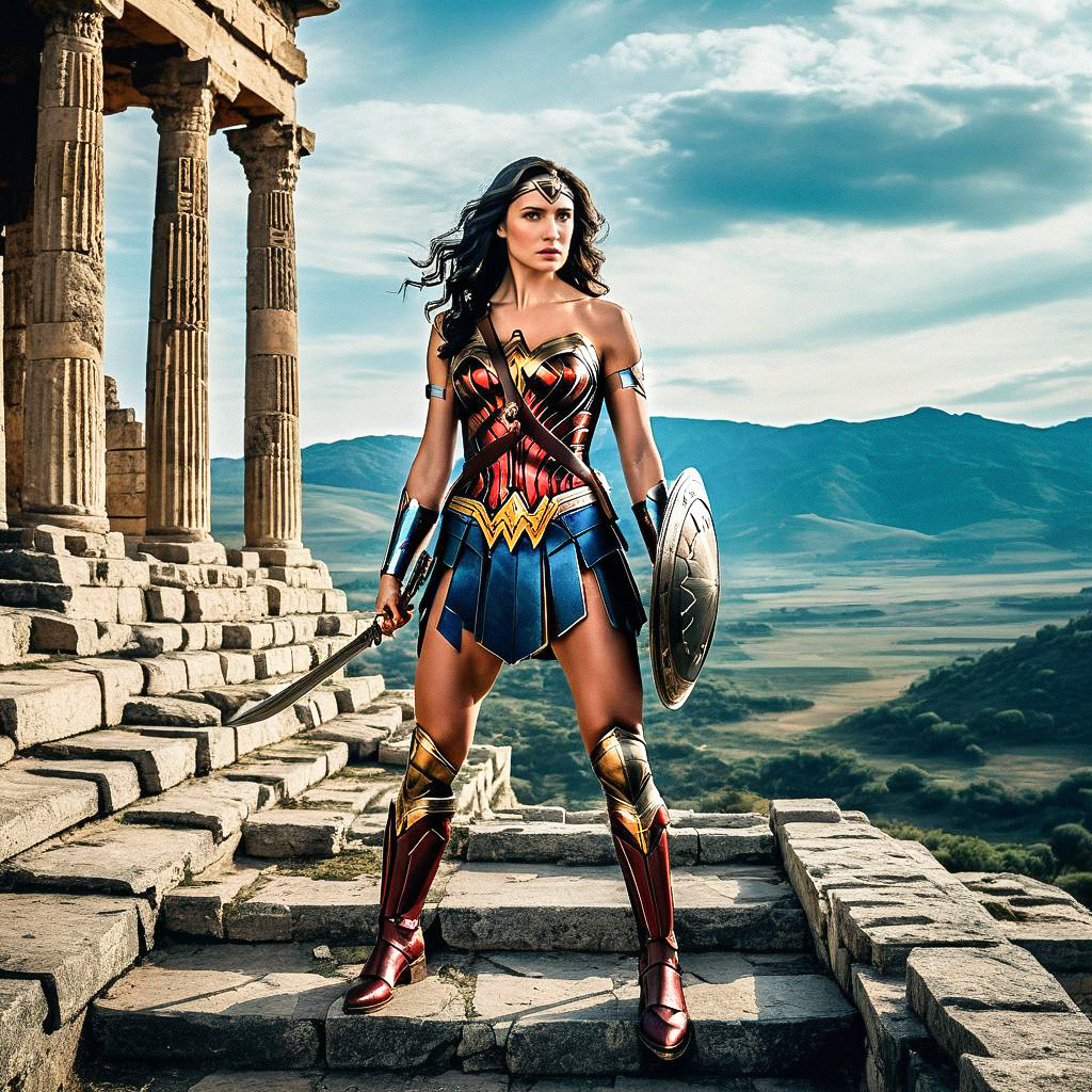 Powerful Female Warrior on Ancient Steps Powerful Female Warrior on Ancient Steps