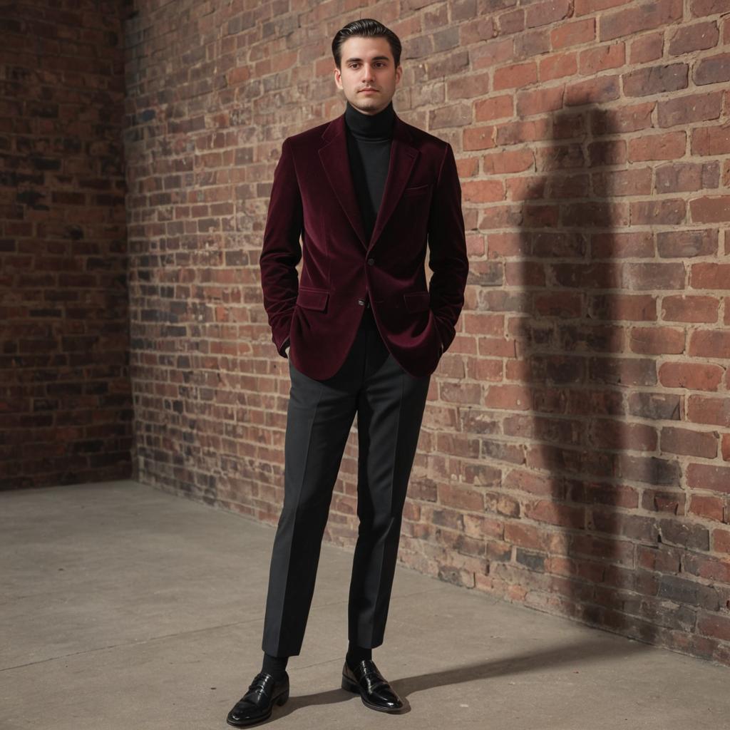 Stylish man in burgundy velvet blazer against brick wall