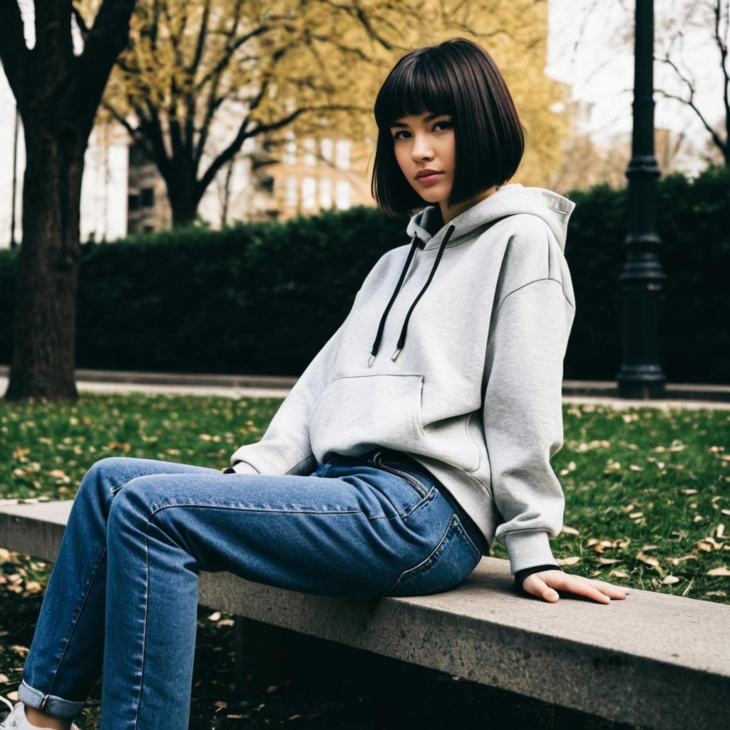 Young Woman in Grey Hoodie Sitting on Bench in Urban Park
