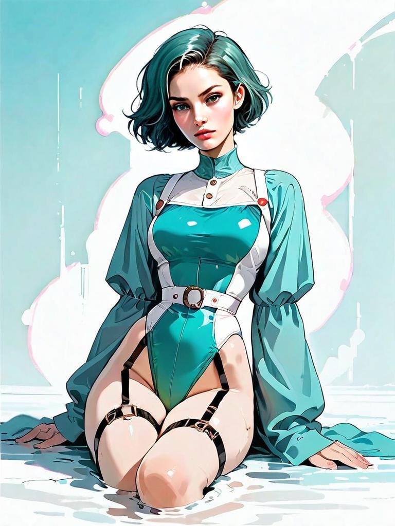 Realistic Digital Illustration of Woman in Classic High-Cut Swimsuit with Long Sleeves