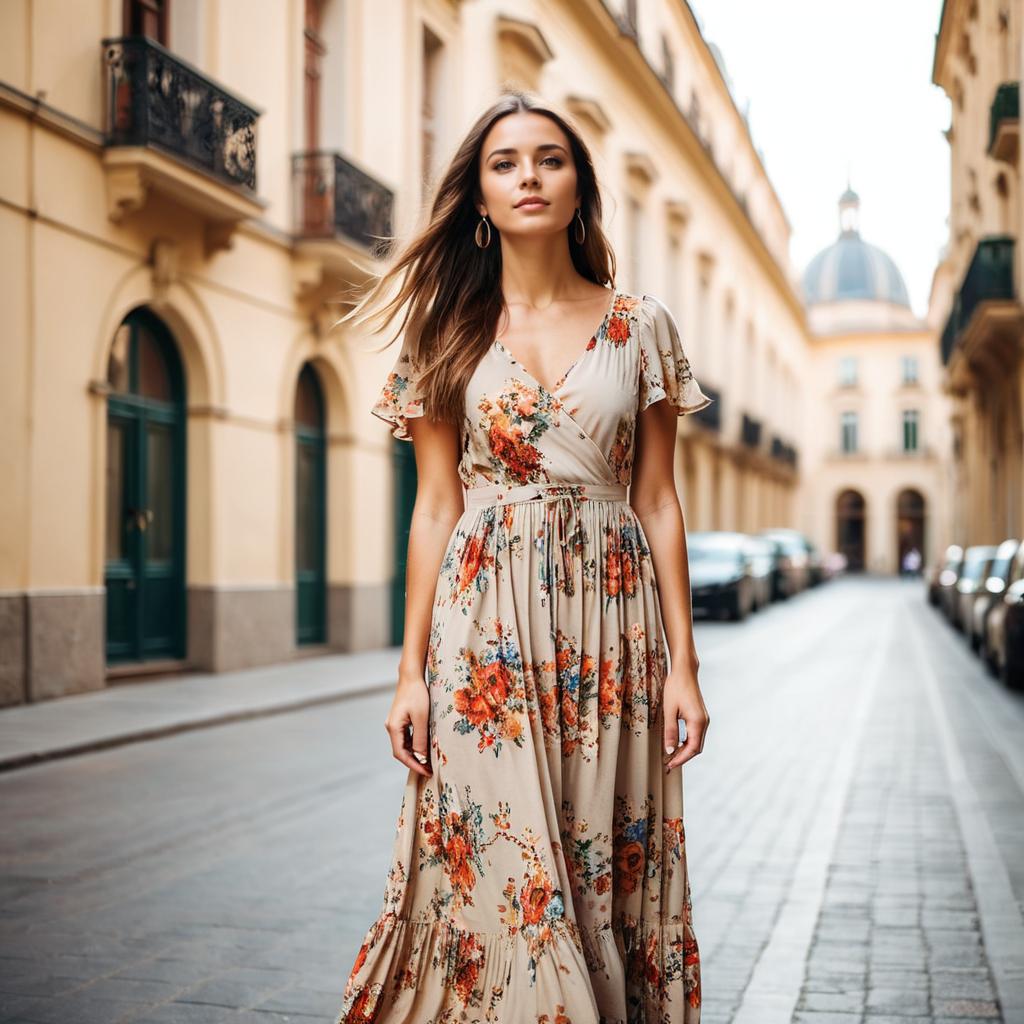 Young Woman in Floral Dress Walking on European City Street