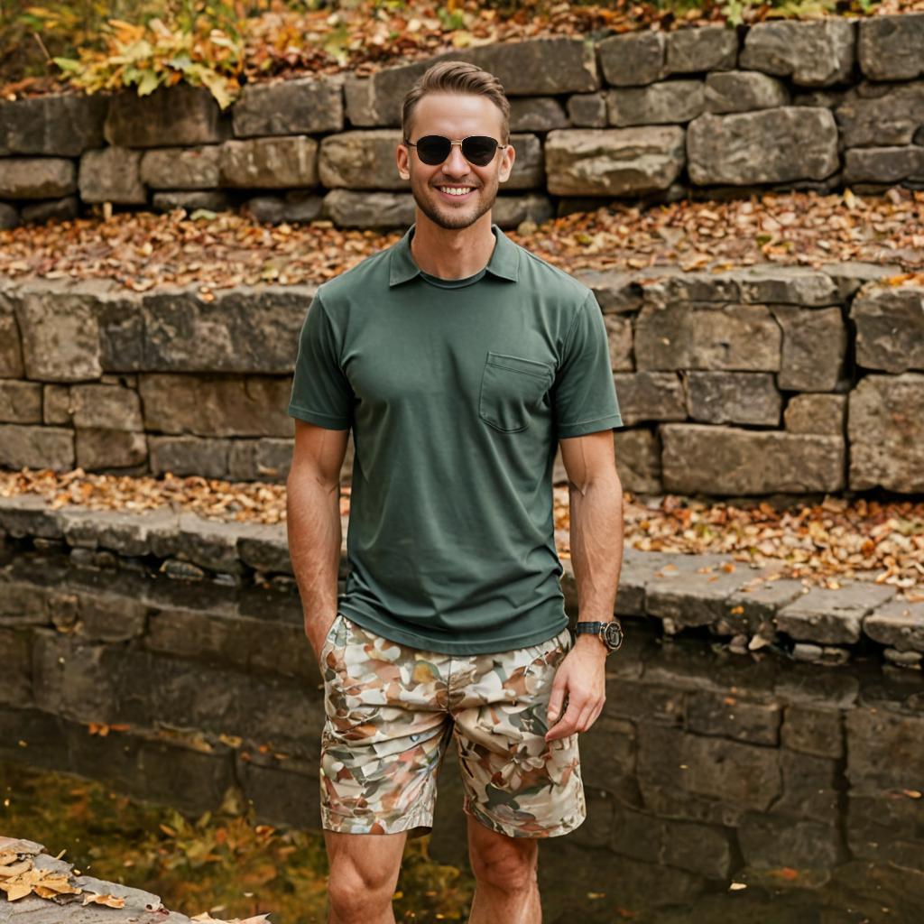 Stylish man in olive t-shirt and camouflage shorts