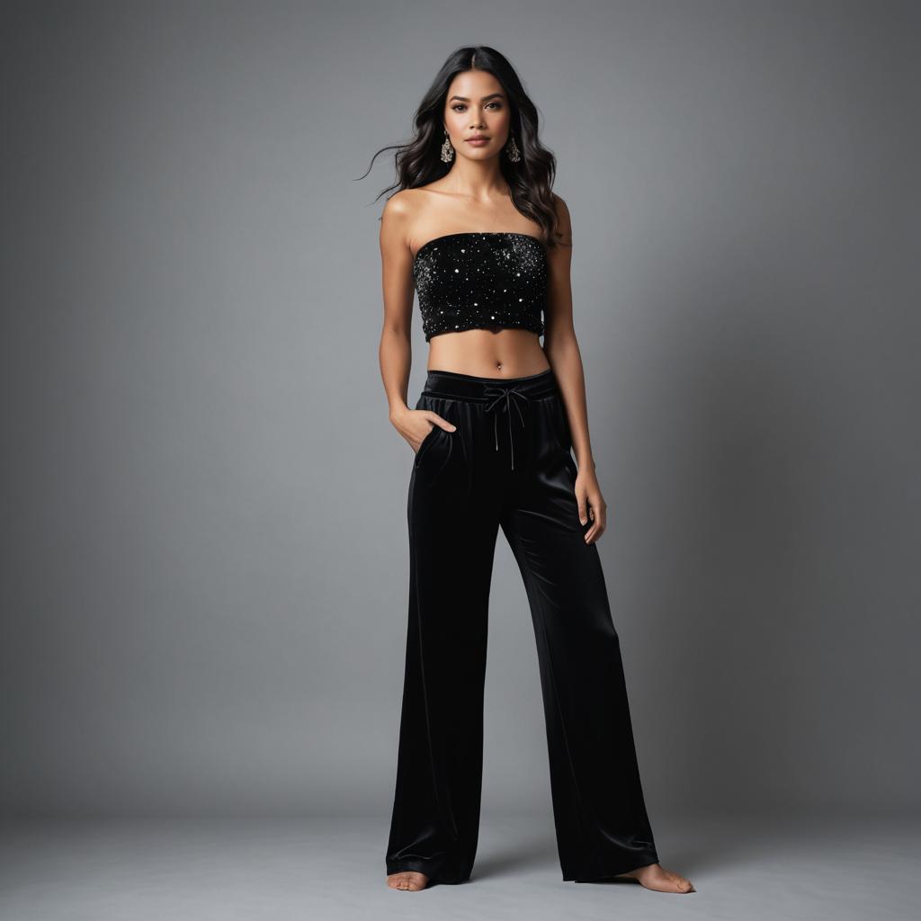 Elegant Woman in Black Sequin Crop Top and Satin Wide-Leg Pants