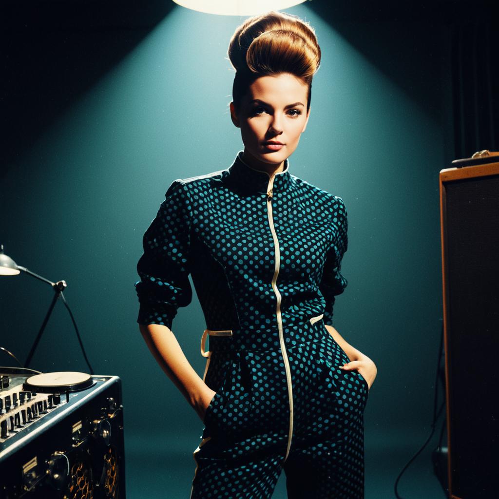 Retro 1960s Style Woman in Polka Dot Jumpsuit with Vintage Audio Equipment