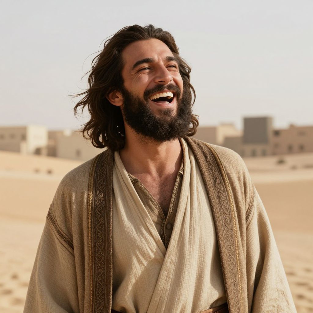 Happy Bearded Man in Traditional Middle Eastern Clothing in Desert