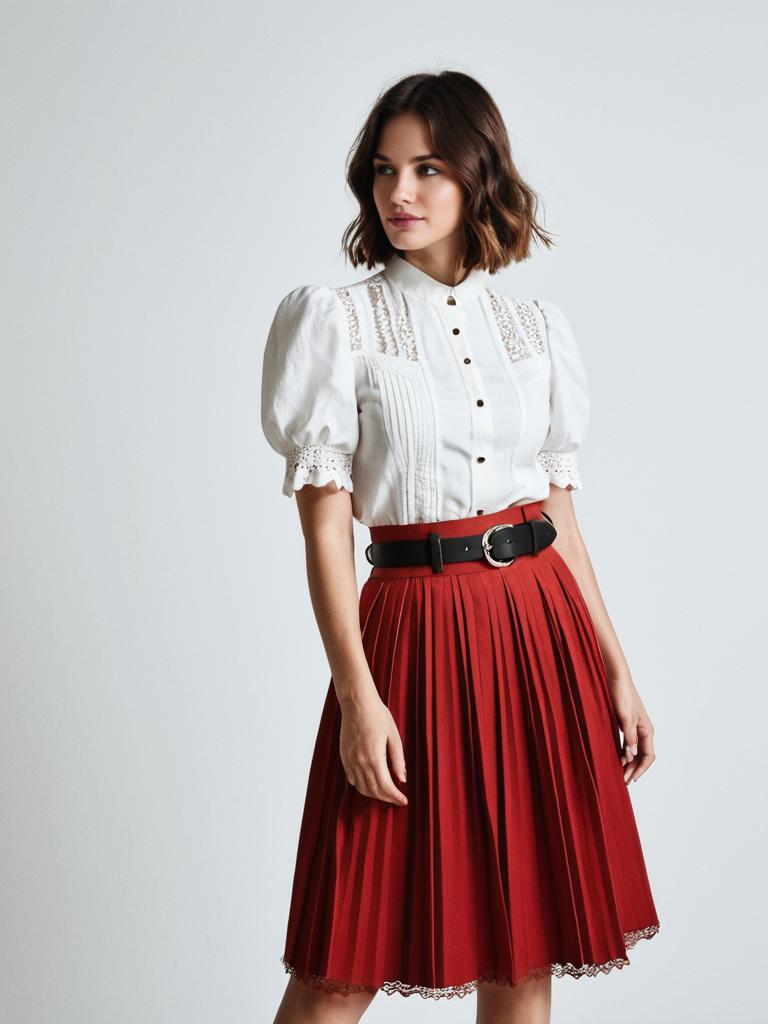Vintage Style Woman in White Blouse and Red Pleated Skirt