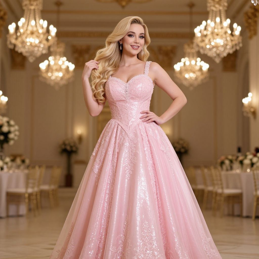 Elegant Woman in Pink Ball Gown in Luxurious Ballroom