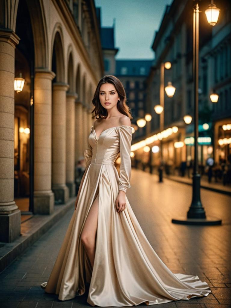 Elegant Woman in Satin Gown on Illuminated Street