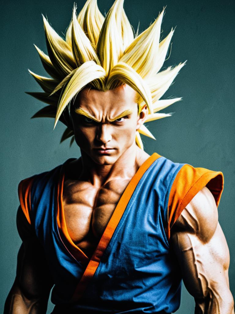 Super Saiyan Man with Muscular Build and Spiked Blonde Hair in Blue Orange Outfit
