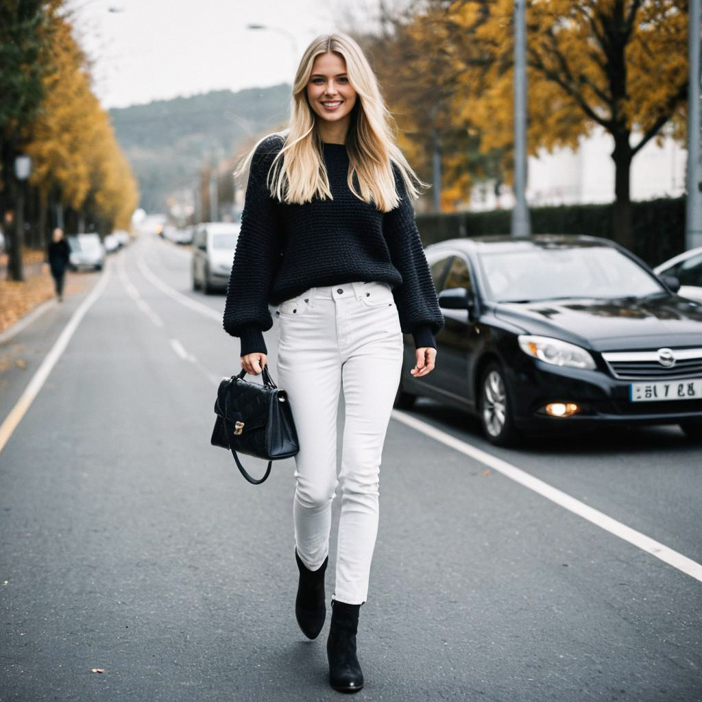 Stylish Woman in Autumn Outfit on City Street