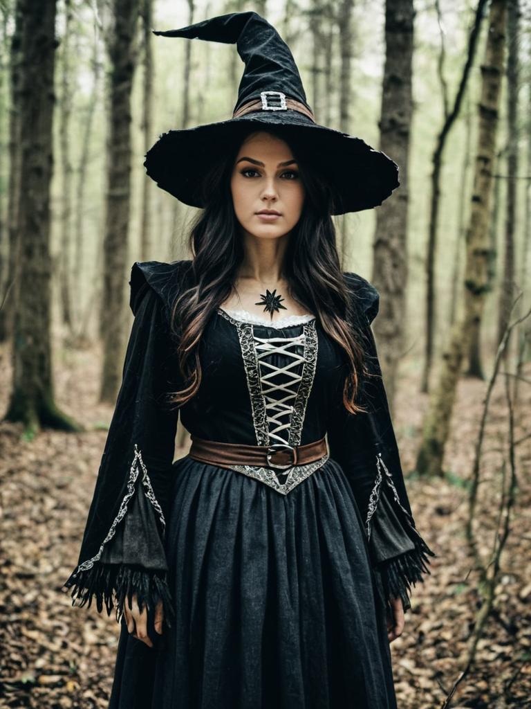 Woodland Witch Costume Woman in Photorealistic Detailed Fantasy Dress