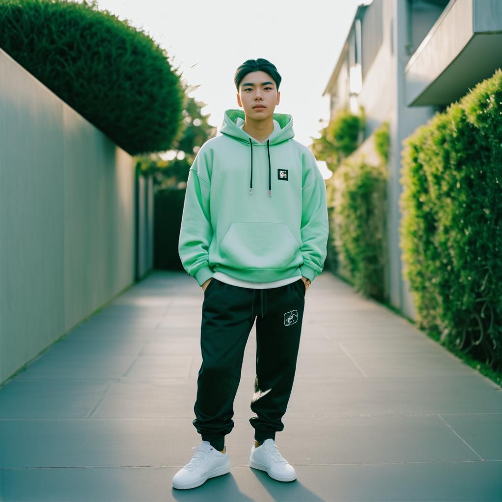 Young Man in Mint Green Hoodie and Black Joggers