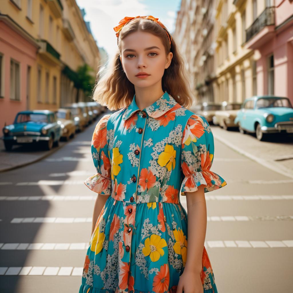 Young Woman in Floral Dress Against Urban Backdrop