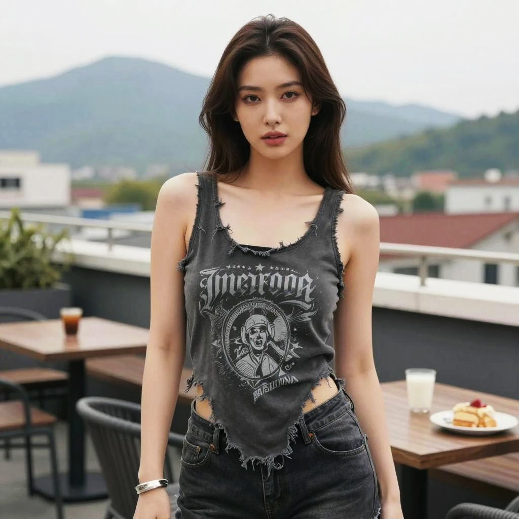 Voluptuous Woman in Distressed Contemporary Streetwear Black Tank Top