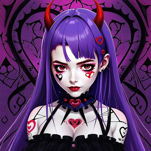Anime Girl with Purple Hair and Red Devil Horns in Gothic Style