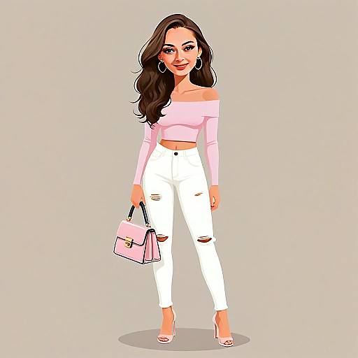 Stylish Woman in Pink Crop Top and White Ripped Jeans with Handbag