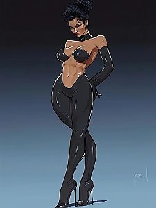 Stylized Woman in Glossy Black Latex Outfit Digital Art