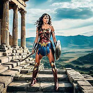 Powerful Female Warrior on Ancient Steps