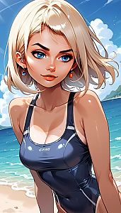 Anime Style Blonde Woman in Blue Swimsuit on Beach Illustration
