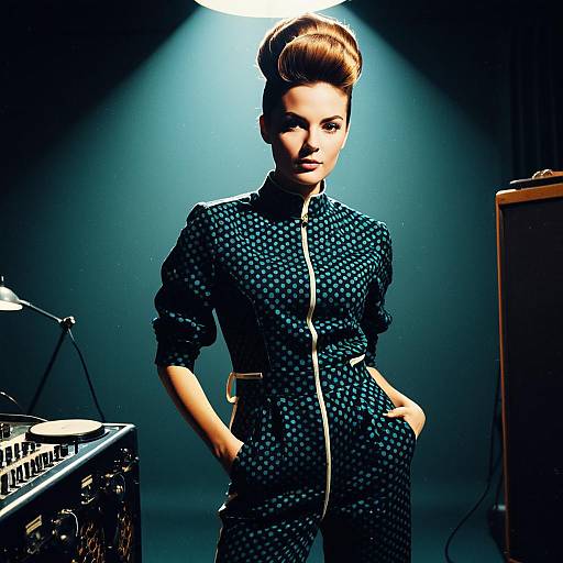 Retro 1960s Style Woman in Polka Dot Jumpsuit with Vintage Audio Equipment