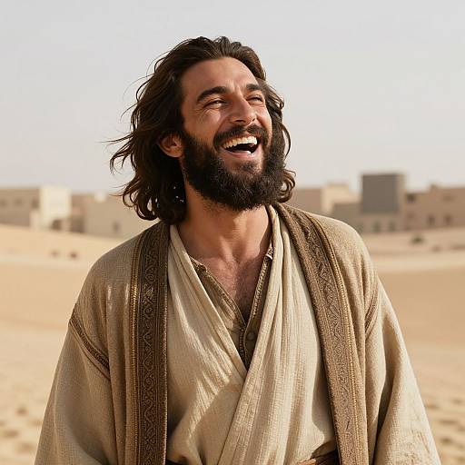 Happy Bearded Man in Traditional Middle Eastern Clothing in Desert