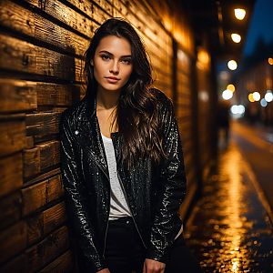 Confident Woman in Black Leather Jacket Leaning Against Wooden Wall at Night