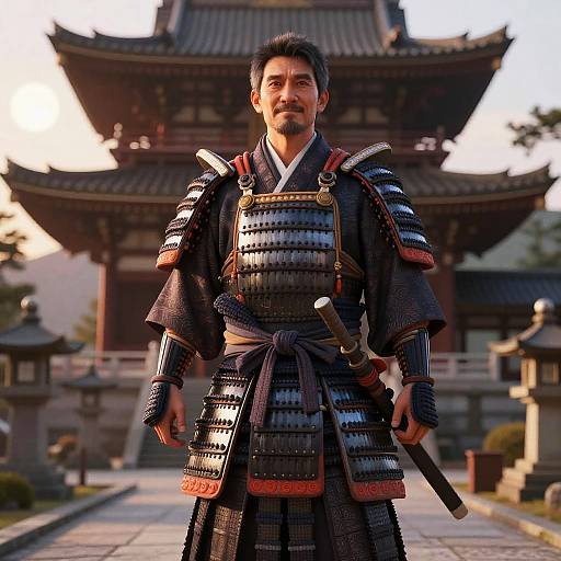 Man in Traditional Samurai Armor Standing in Front of Japanese Temple at Sunset