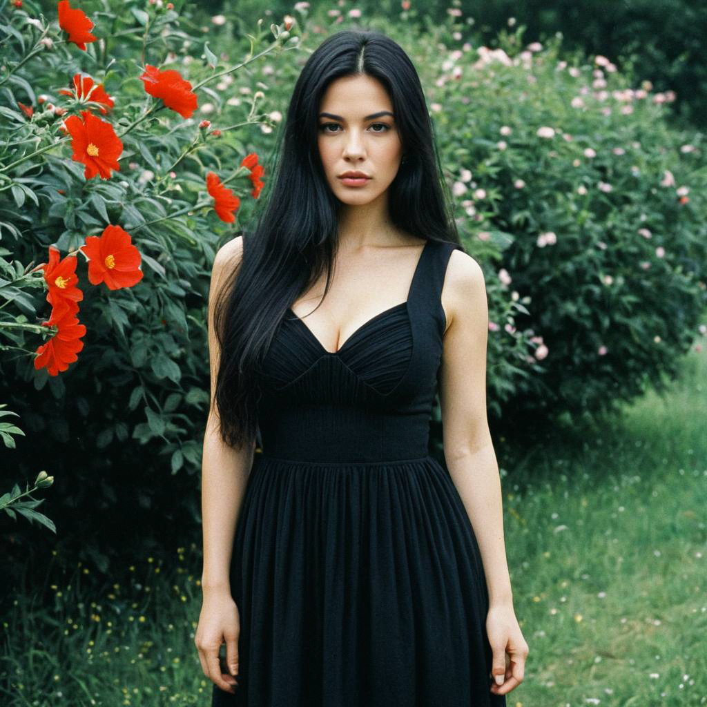 Confident Woman in Black Dress Among Greenery