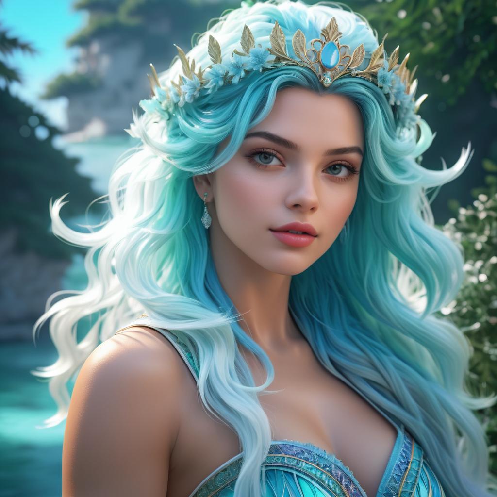 Ethereal Woman with Aqua-Blue Hair and Leaf Crown