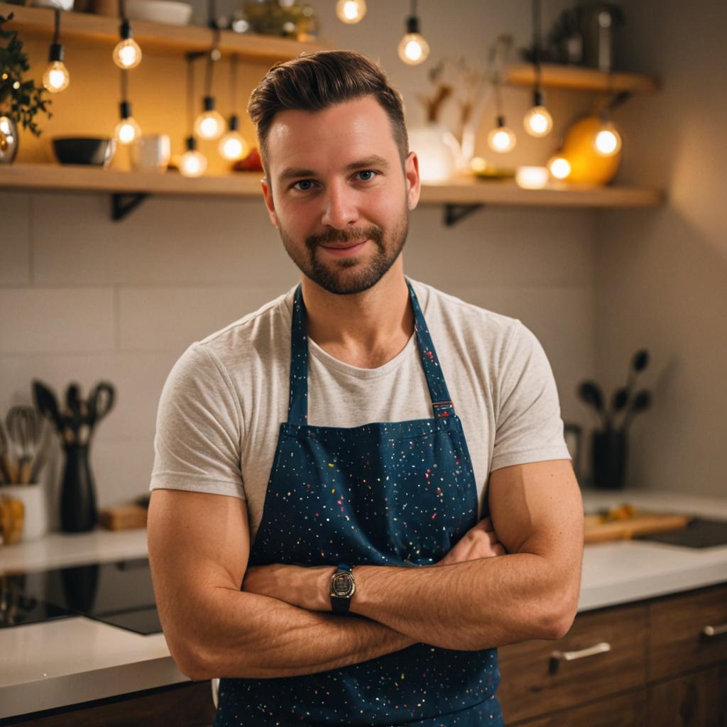 Confident Man in Blue Apron in Modern Kitchen