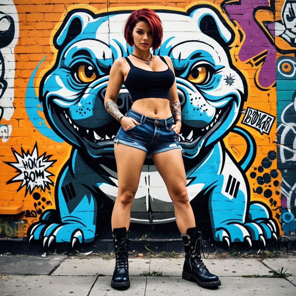 Confident Woman Posing in Front of Colorful Bulldog Street Art Mural