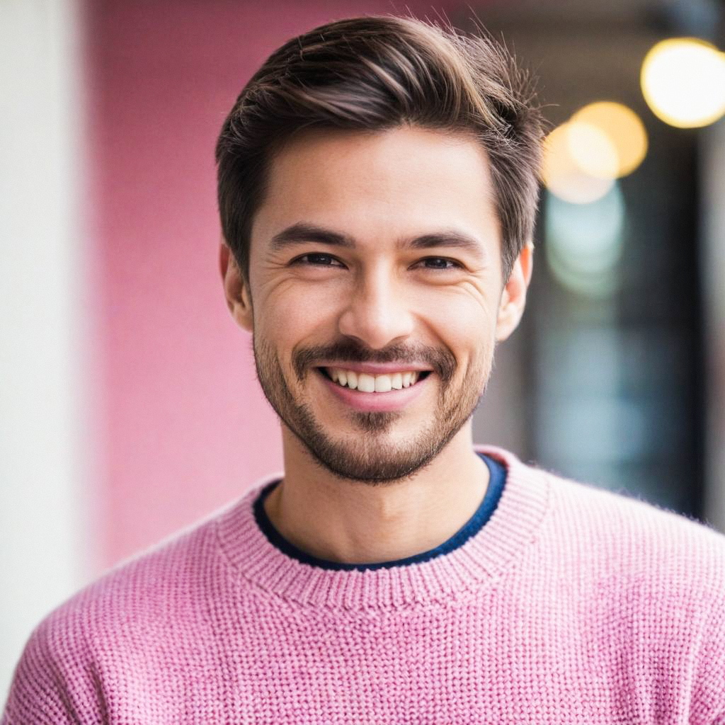 Young Man in Pink Sweater Smiling