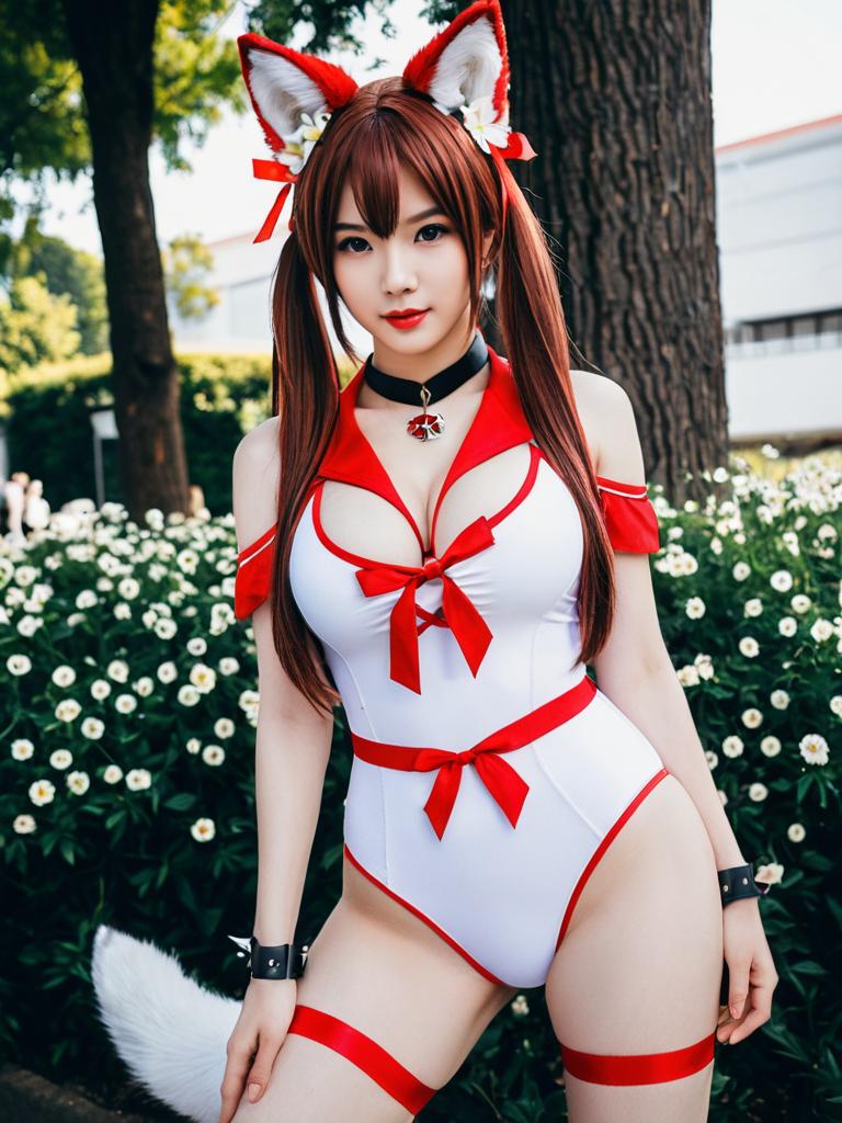 Angelina Summer Flower Arknights Cosplay in Floral Outdoor Setting