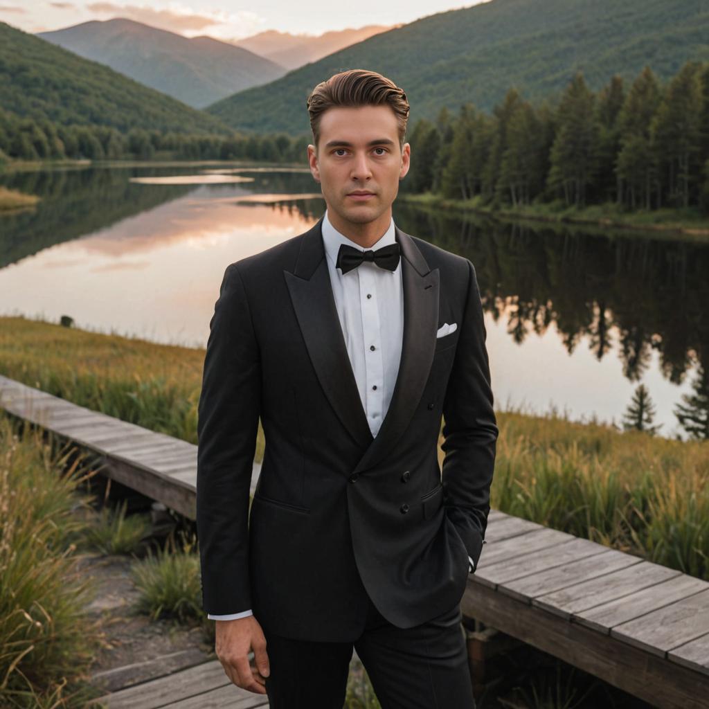 Stylish Man in Tuxedo at Dusk by Lake