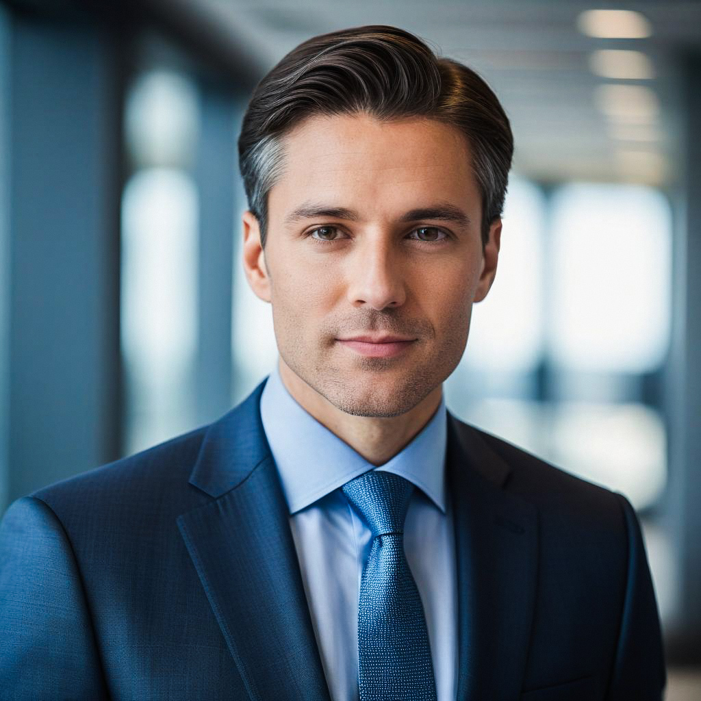 Confident Young Man in Blue Suit in Modern Office