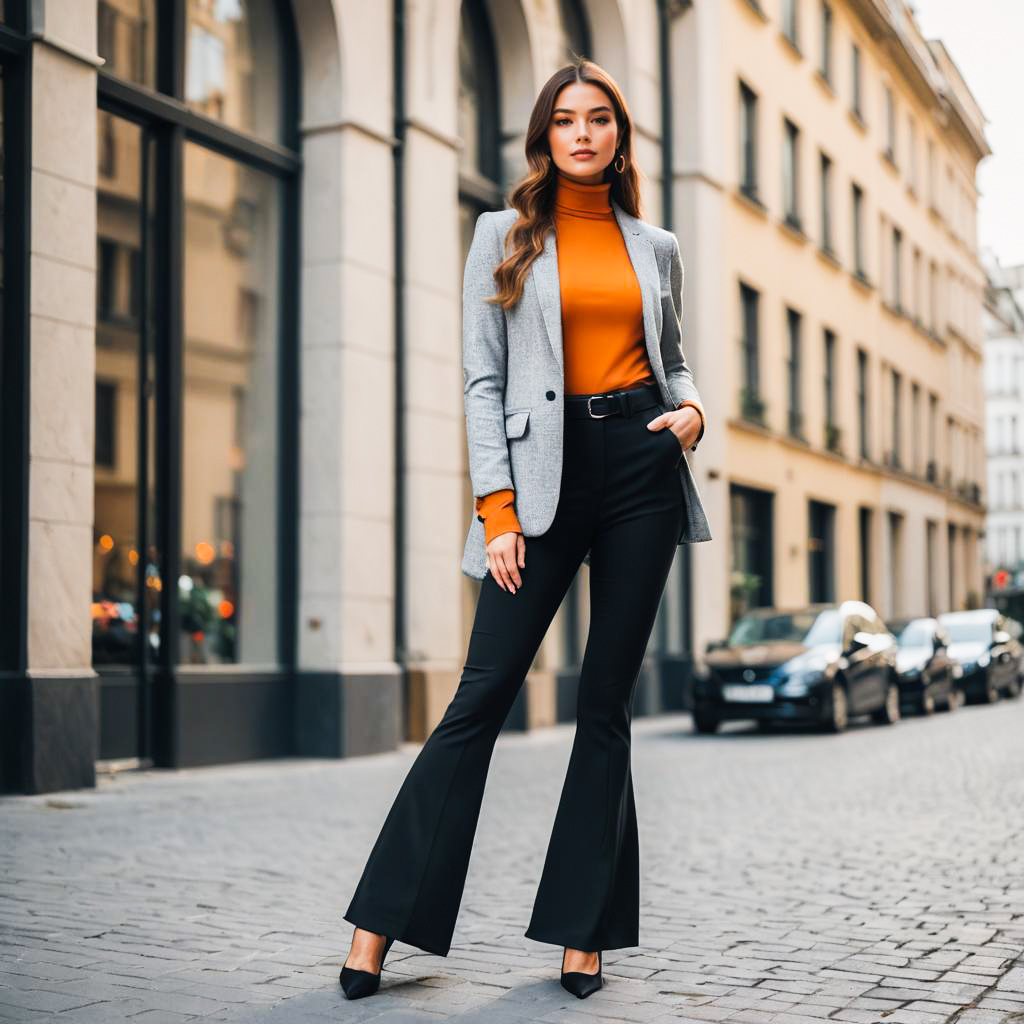 Elegant Woman in Stylish Blazer and Flared Trousers