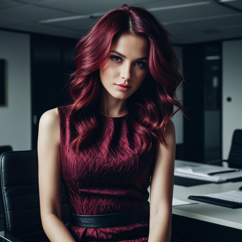 Confident Woman with Deep Red Hair in Modern Office Wearing Burgundy Dress