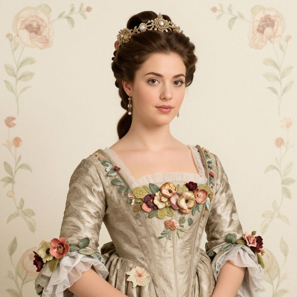 18th Century Style Woman in Elegant Embroidered Gown with Floral Accents and Pearl Tiara