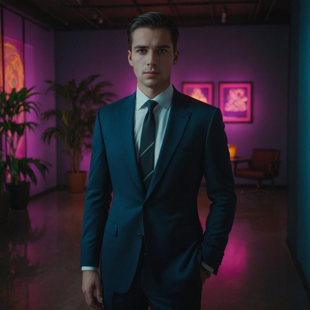 Confident Man in Artistic Room with Purple Lighting