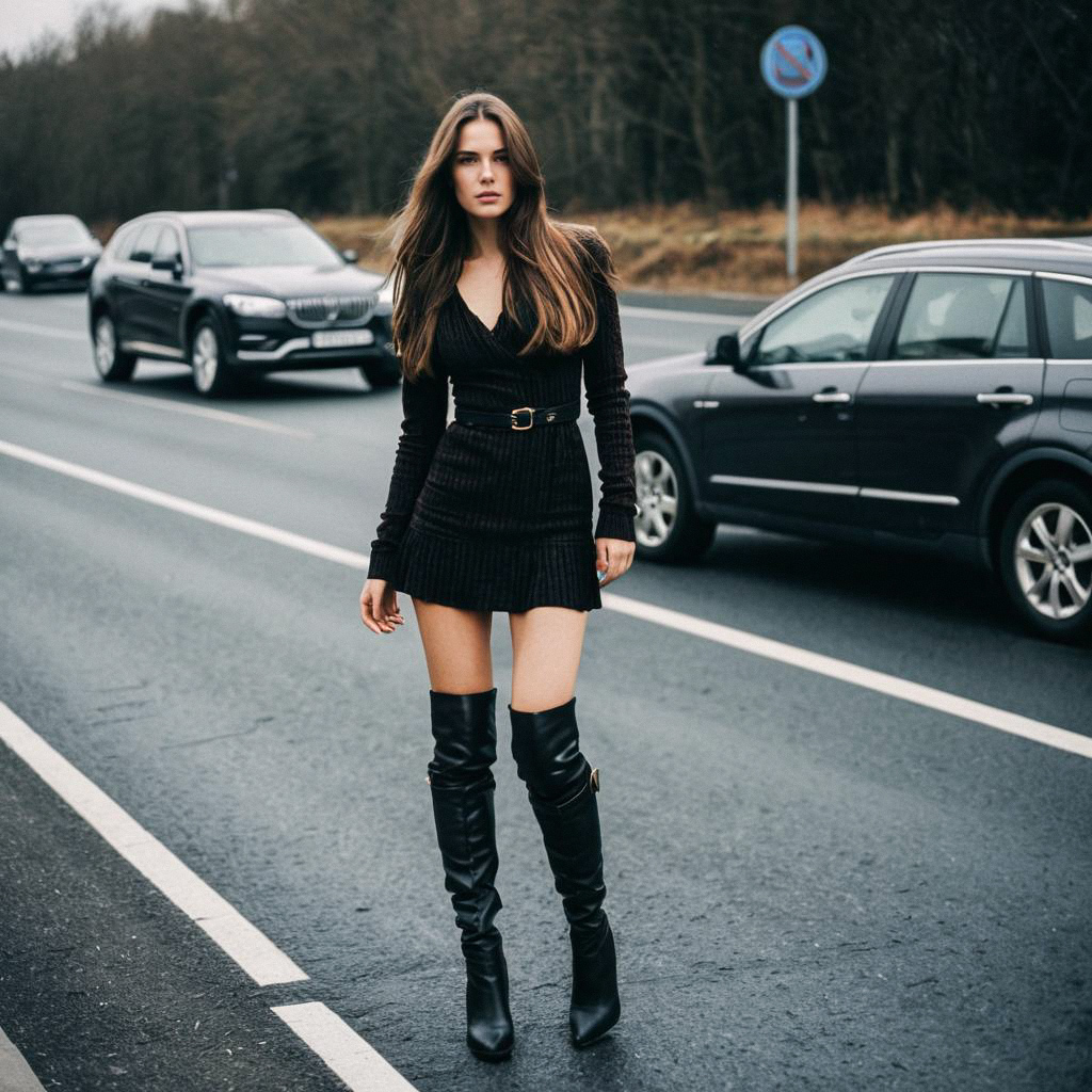 Confident Woman in Black Mini Dress and Thigh-High Boots Confident Woman in Black Mini Dress and Thigh-High Boots