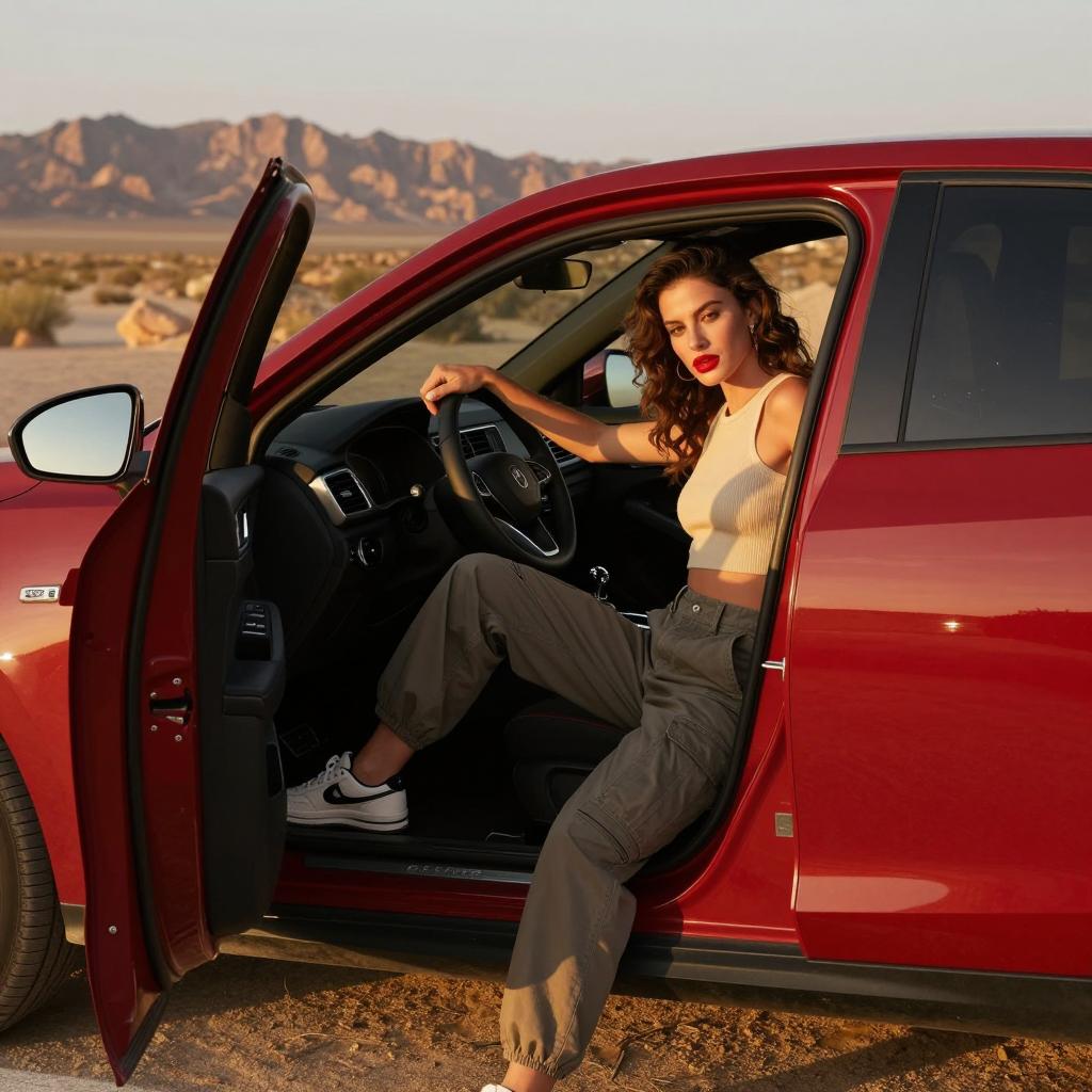 Stylish Young Woman in Red Car Outdoors with Desert Mountains Background