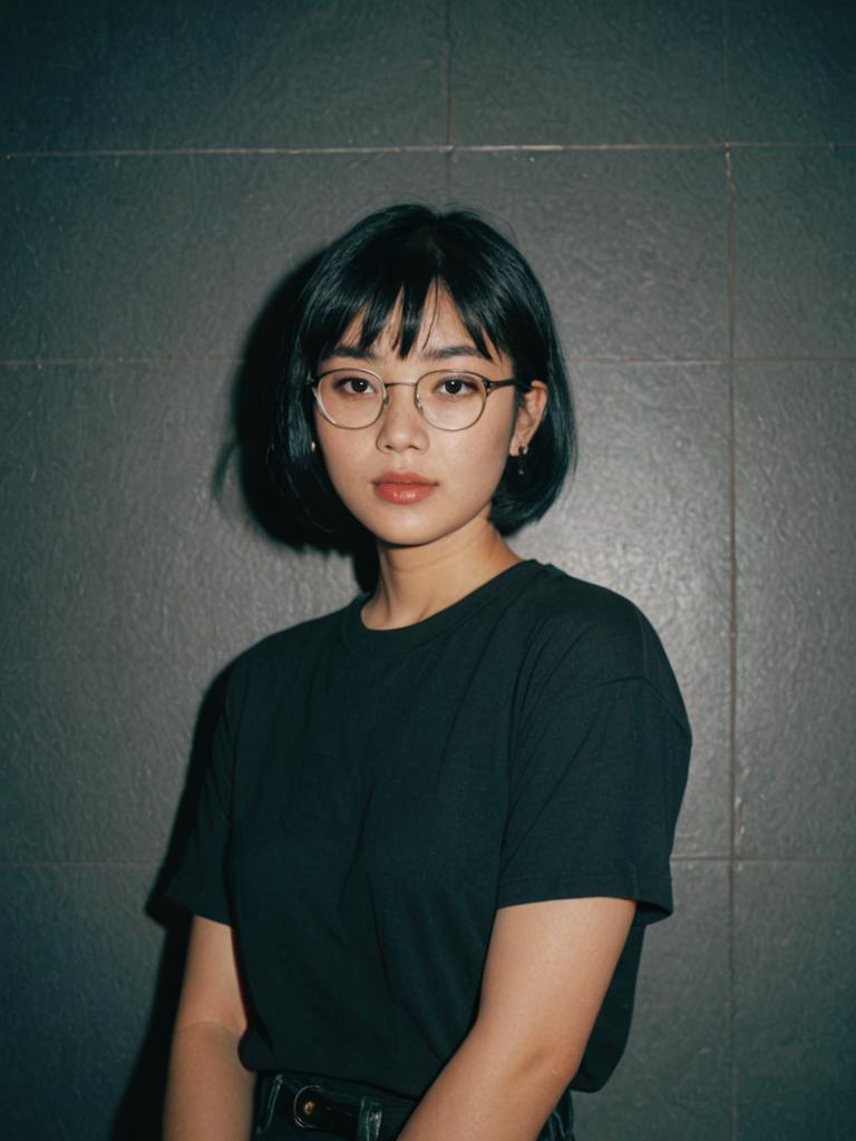 Poised Asian Trans Woman with Short Hair and Glasses