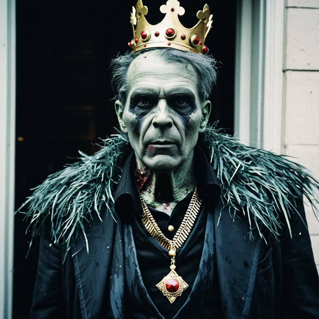 Dark Gothic King Man with Feathered Cloak and Gold Crown