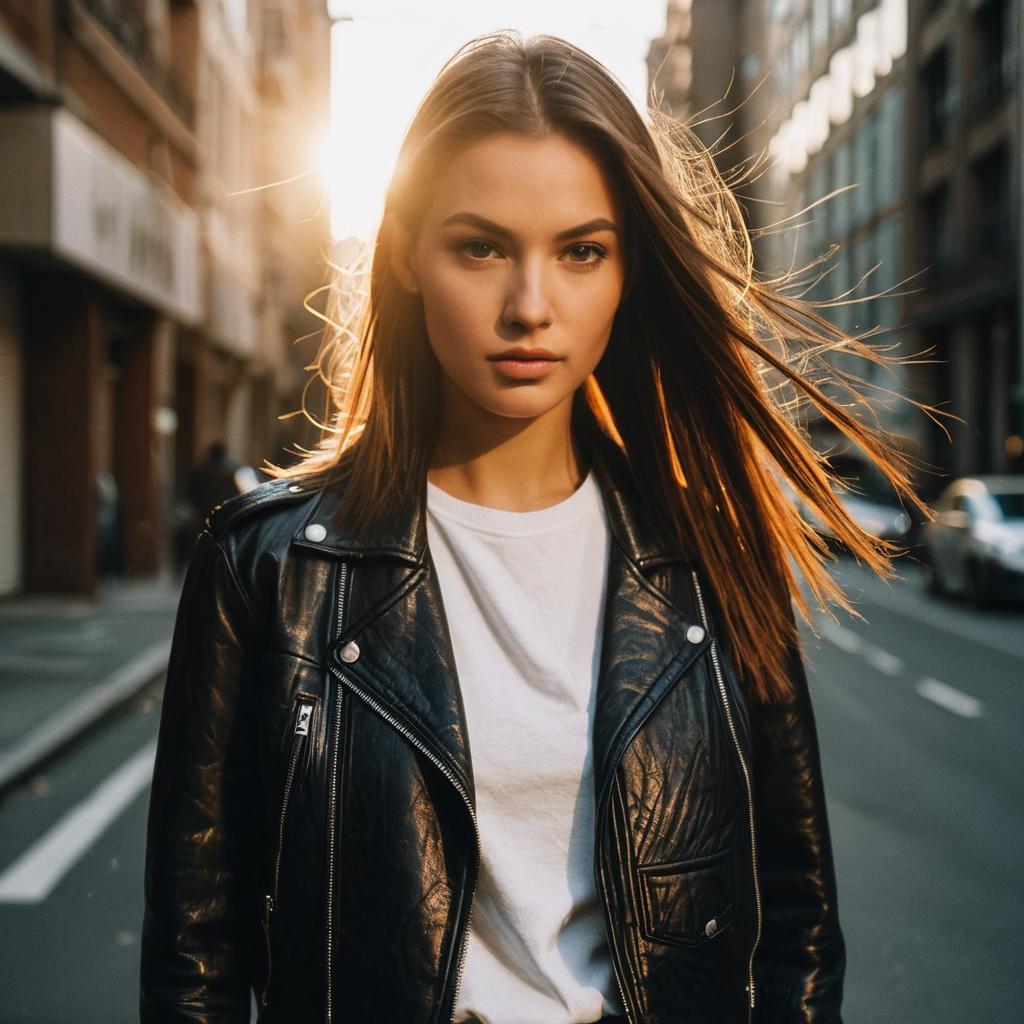 Confident Young Woman in Black Leather Jacket on Urban Street at Sunset