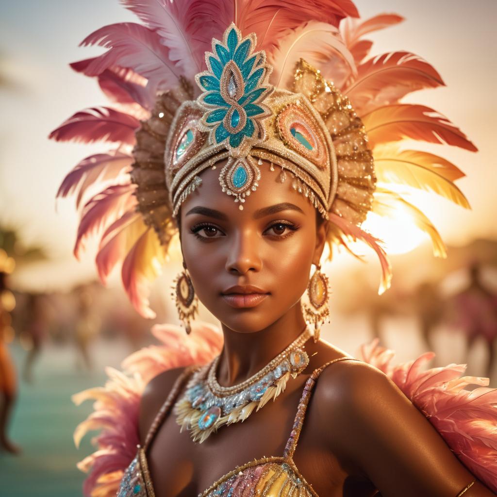 Stunning Woman in Carnival Costume at Sunset